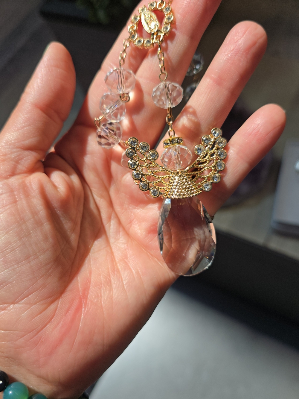 Gold Tone Crystal Angel Pendant Necklace - Clear Crystal